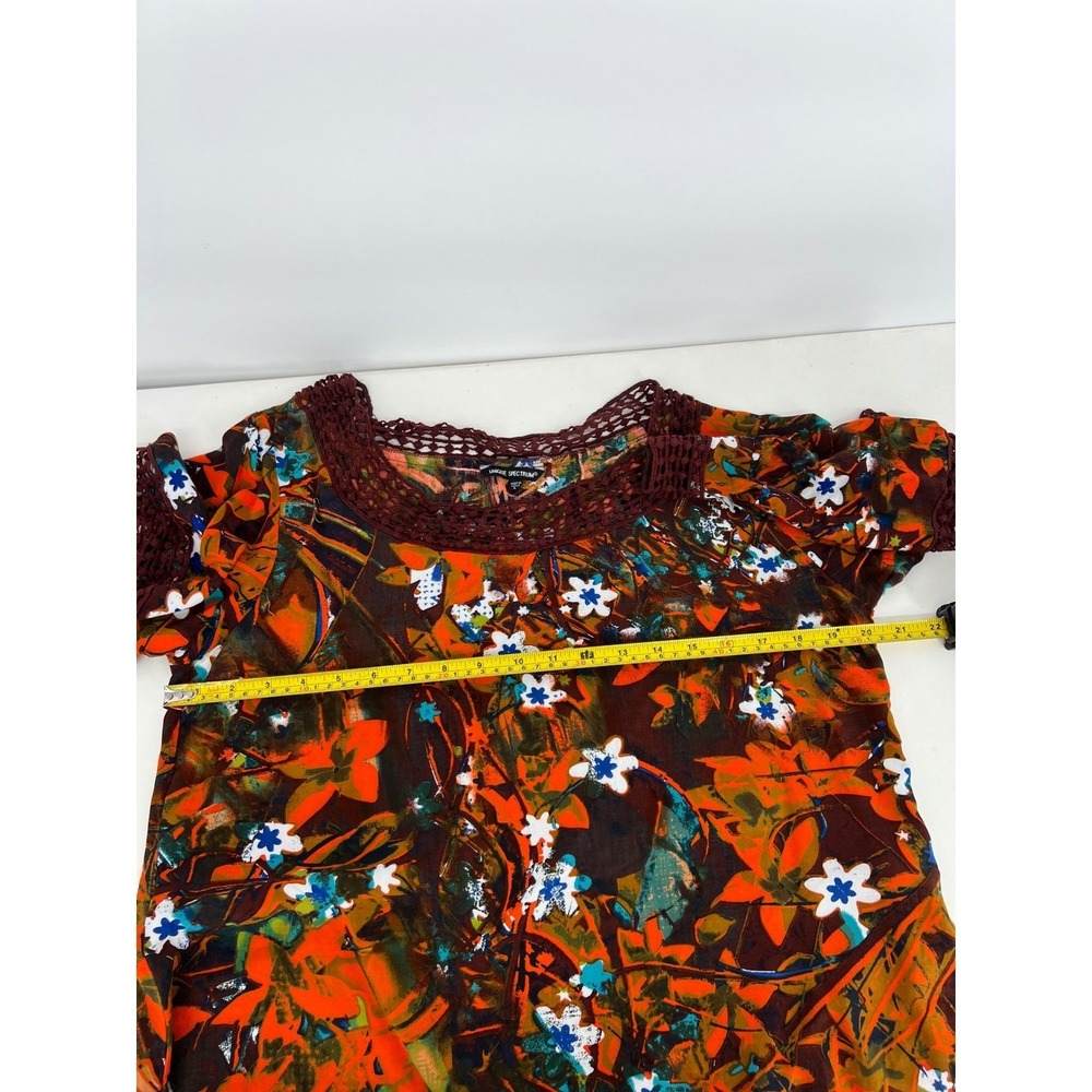 Unique Spectrum Floral Crochet Trim Blouse Short Sleeve Top Orange Red L - Picture 5 of 9
